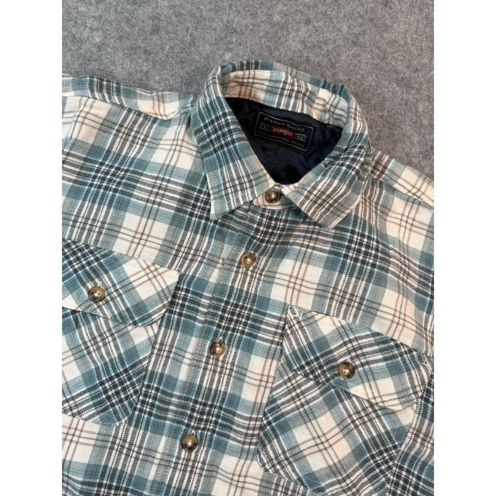 Wrangler Mens Quilted Flannel Shirt Jacket Teal White Plaid Cotton Size S